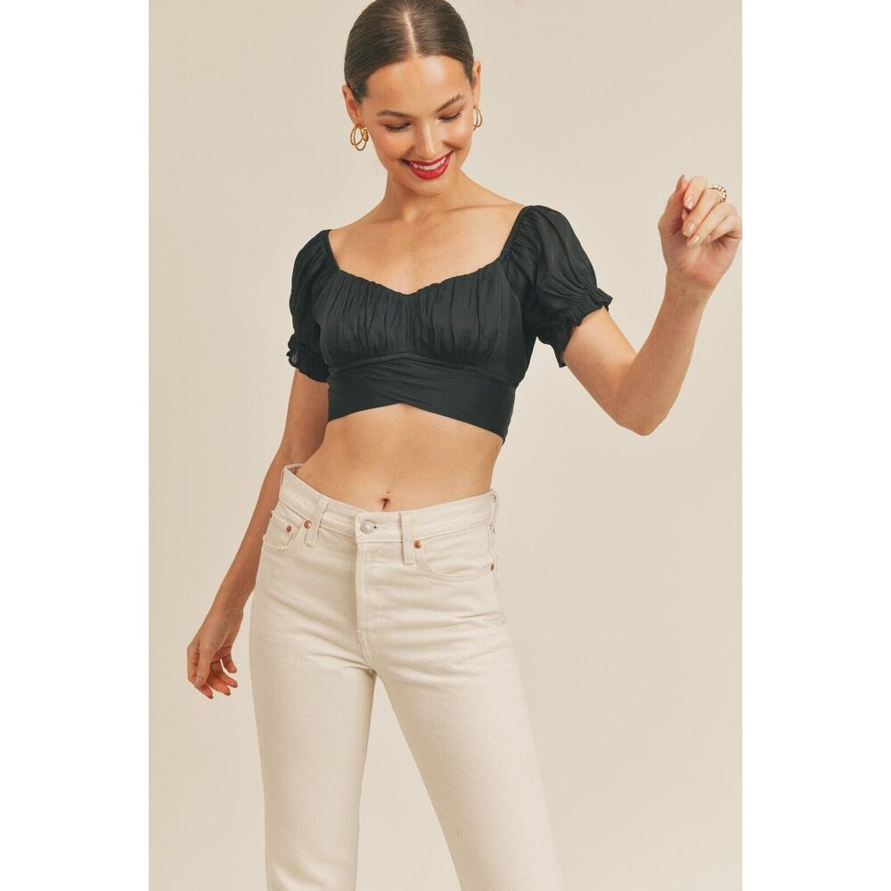 RESET by Jane Womens Mel Crop Top Small Black Satin Tie Back Cut Out Puff Sleeve